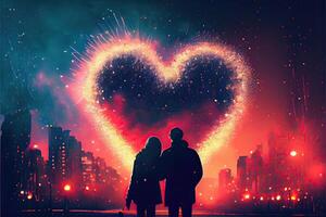 illustration of heart shaped fireworks . Lovers couple background night city . Valentine Day photo