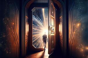 illustration of traveling through the door of the future with the speed of light photo