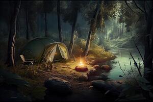 illustration of camping in nature in the forest on the banks of the river photo