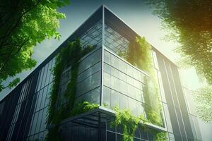 illustration of eco friendly construction in a contemporary metropolis. A sustainable glass building with green tree branches and leaves for lowering heat and carbon dioxide. photo