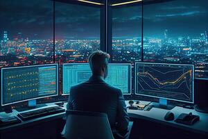 illustration of billionaire businessman data analyst in his futuristic control center, lots of monitors with statistical plots, economic graphs, charts, crypto data, glass windows photo