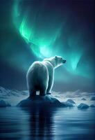 generativo ai ilustración de solitario blanco oso en iceberg, Aurora cielo foto