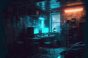 illustration of messy and dark cyberpunk hacker hideout room with lights photo