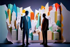 Business man in the city background, colorful. Business handshaking, successful concept. Paper cut craft, 3d paper illustration style. Neural network generated art. photo