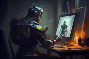 illustration of Cyborg Ai robot artist in dark studio next to his easel, painting and paints while working, neural network generated art. Digitally painting, generated image. photo