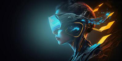 illustration of Metaverse concept and virtual world elements. Side view of human face in augmented or virtual reality headset inside the metaverse photo