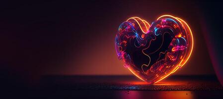 illustration of love heart neon light, decor, bright light, romantic. Love and valentine day concept. Neural network generated art. Digitally generated image. photo