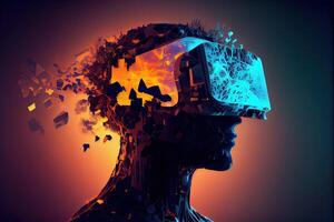 illustration of Metaverse concept and virtual world elements. Silhouette of a human face in augmented or virtual reality headset. Neural network art photo