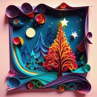 illustration of photo paper cut quilling multidimensional paper cut, craft paper illustration, christmas tree and colored lights vine stars, pop color. Neural network generated art.