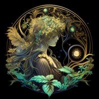 illustration of cyberpunk Zodiac sign with a forest growing on shoulders, galaxy, centered inside intricate gold circle of foliage photo