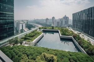 generativo ai ilustración de maravilloso jardín en el techo de un contemporáneo vaso oficina edificio en Asia foto