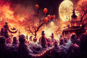 illustration of Colorful halloween indoor party, children playing on night halloween street, creepy castle, american neighborhood background. Digitally generated image. photo