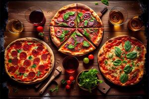 illustration of pizza party dinner. Flat-lay of various kinds of Italian pizza, salad and red wine in glasses over rustic wooden table, top view, wide composition photo