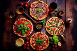 illustration of pizza party dinner. Flat-lay of various kinds of Italian pizza, salad and red wine in glasses over rustic wooden table, top view, wide composition photo