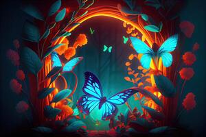 illustration of Abstract neon background with flowers and butterflies. Abstract fantasy floral sci - fi neon portal, neon illumination. Plant light neon tunnel with butterflies. photo