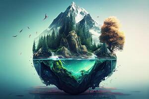 illustration of the beauty of nature with a stunning double exposure landscape featuring a river, trees, and feathers photo