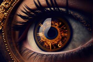 illustration of clockwork in an eye, temporal vision, close focus photo