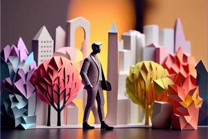 Business man in the city background, colorful. Business handshaking, successful concept. Paper cut craft, 3d paper illustration style. Neural network generated art. photo