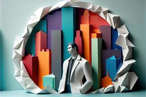 Business man in the city background, colorful. Business handshaking, successful concept. Paper cut craft, 3d paper illustration style. Neural network generated art. photo