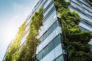 illustration of Gorgeous garden on the rooftop of a contemporary glass office building in Asia photo