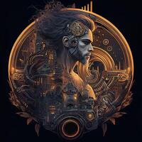 illustration of cyberpunk Zodiac sign with a industrial smoke, mechanic detail on shoulders, pollution, centered inside intricate gold and fire circle of city and Skyscrapers, steam punk photo