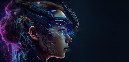 illustration of Metaverse concept and virtual world elements. Side view of human face in augmented or virtual reality headset inside the metaverse photo