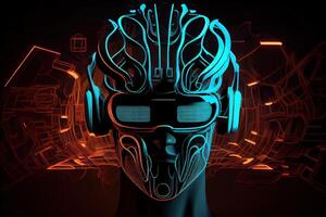 illustration of Metaverse concept and virtual world elements. Side view of human face in augmented or virtual reality headset inside the metaverse photo
