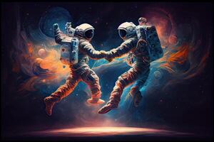 illustration of two astronauts, dressed in spacesuits, are floating in zero gravity while dancing closely. The background is a breathtaking view of the galaxy, with stars and nebulae photo