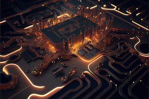 illustration of macro shot of circuit cyberspace board with computer motherboard component microchip with chip structure. Neural network generated art. photo