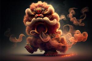 illustration of anthropomorphic traditional Chinese lion dance, big round eyes, plump body, Chinese Spring Festival, luminous particles, smoke photo