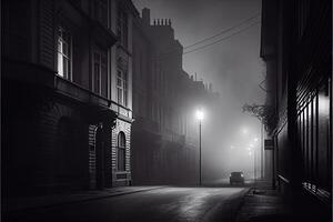 illustration of Dark gloomy empty street with smoke, smog photo