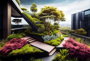 illustration of Gorgeous garden on the rooftop of a contemporary glass office building in Asia photo