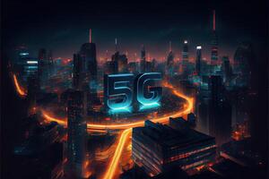 illustration of futuristic city at night, 5G internet network wireless systems and internet of things, smart city and communication network concept. photo