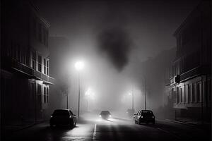 generativo ai ilustración de oscuro melancólico vacío calle con fumar, niebla tóxica foto