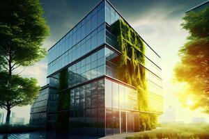 illustration of eco friendly construction in a contemporary metropolis. A sustainable glass building with green tree branches and leaves for lowering heat and carbon dioxide. photo