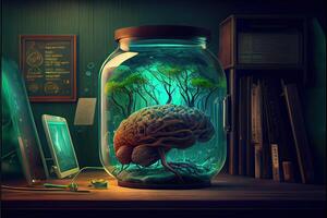 illustration of a brain in a jar sitting in an old lab, wires everywhere connect it to a row of monitors and glowing computer screens photo