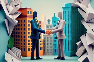 Business man in the city background, colorful. Business handshaking, successful concept. Paper cut craft, 3d paper illustration style. Neural network generated art. photo