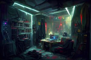 illustration of messy and dark cyberpunk hacker hideout room with lights photo