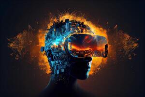 illustration of Metaverse concept and virtual world elements. Silhouette of a human face in augmented or virtual reality headset. Neural network art photo