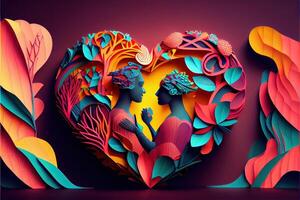 illustration of origami Valentine day background, happy couple, colorful. Paper cut craft, 3d paper style. Neural network generated art. Digitally generated image photo