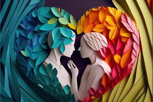 illustration of origami Valentine day background, happy couple, colorful. Paper cut craft, 3d paper style. Neural network generated art. Digitally generated image photo