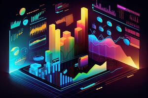 illustration of crypto market data, chart, silhouette crypto currency market, isometric, colorful gradient background photo