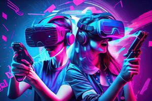 metaverso vr virtual realidad juego jugando, hombre y mujer jugar metaverso virtual digital tecnología juego controlar con vr mirada sorprendida foto
