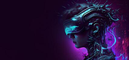 illustration of Metaverse concept and virtual world elements. Side view of human face in augmented or virtual reality headset inside the metaverse photo