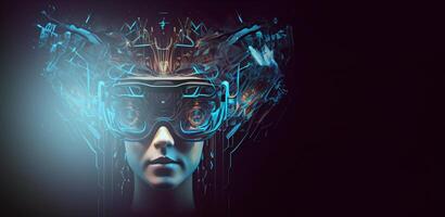 illustration of Metaverse concept and virtual world elements. Side view of human face in augmented or virtual reality headset inside the metaverse photo