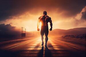 illustration of an athletic man walking on a deserted road into the sunset. The image is focused on the man's leg, which emphasizes his physical fitness and determination photo