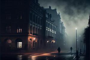 Generative AI illustration of Dark gloomy empty street with smoke, smog photo