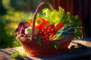 illustration of basket with vegetables in the sunny garden photo