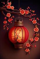 illustration of Chinese traditional red festival background with a chinese red plum blossom, lantern, spring festival, new year, chinese traditional culture element photo