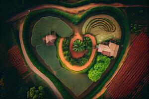 illustration of an aerial photo showcasing vast fields with a variety of crops growing on them, using the permaculture and poly culture principles, which are beneficial for the ecology